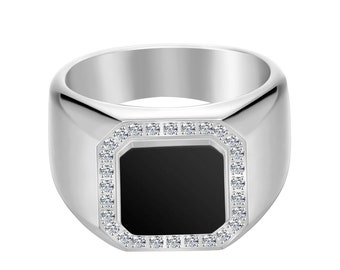 Square CZ Flat Top Ring | Free Custom Personalized Engraving 316L Stainless Steel Cubic Zirconia Statement Biker Signet Class Band