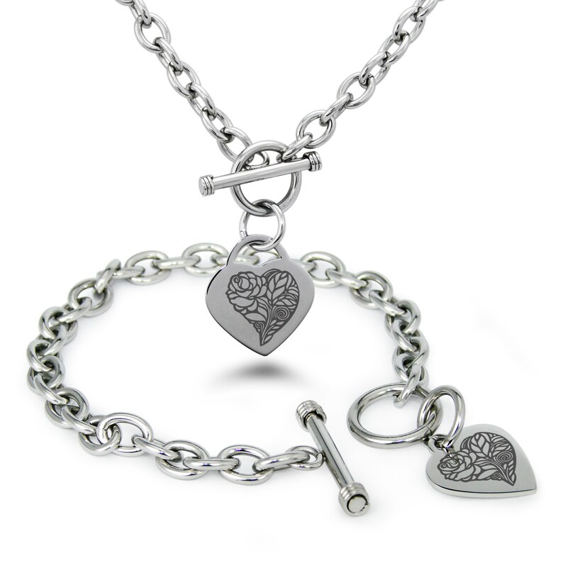 Bracelet /& Necklace Set Silver Gold Rose Gold Stainless Steel Love Heart Floral Rose Heart Charm