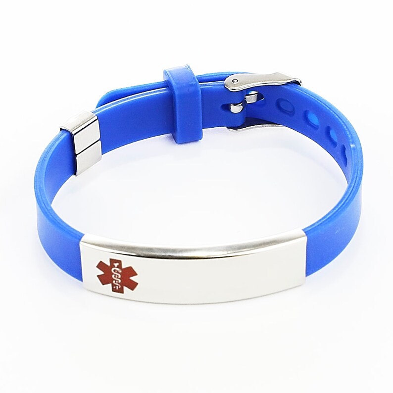 Med ID Rubber Bracelet ~ 316L Stainless Steel Personalized Engraved Name Information Medical Alert SOS Waterproof Silver Plate Red Enamel