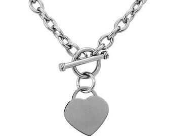 Heart Charm Necklace | Free Custom Personalized Engraving 316L Stainless Steel Minimalist Dainty Style Toggle Choker Pendant 18 Inches