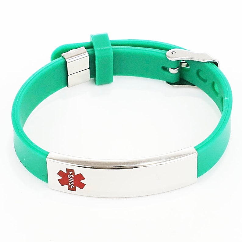 Med ID Rubber Bracelet ~ 316L Stainless Steel Personalized Engraved Name Information Medical Alert SOS Waterproof Silver Plate Red Enamel