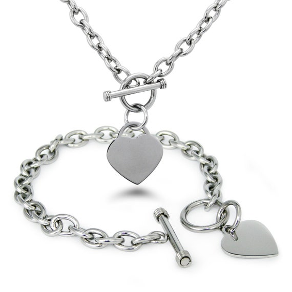 Stainless Steel 316L Minimalist Heart Tag Charm Toggle Bracelet & Necklace Set ~ Available in : Silver | Gold | Rose Gold