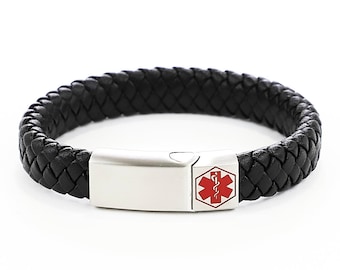 Pulsera de cuero de alerta médica / Joyería de grabado personalizada gratuita Contacto de emergencia SOS Nombre de identificación médica Impermeable Unisex