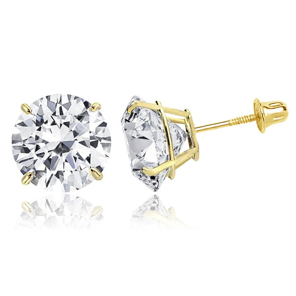 Gold Round Cut Earrings | 14K Solid Yellow Gold Cubic Zirconia CZ Circle Minimalist Classic Solitaire Screw Back Post Stud Pair ~ 3-8 mm