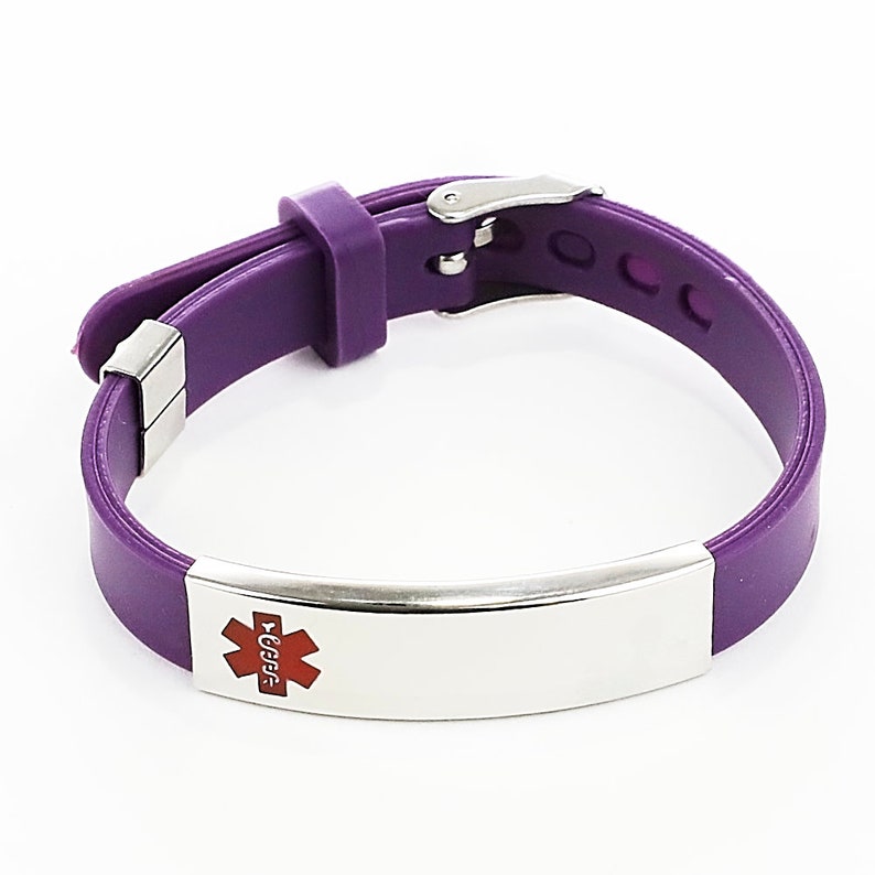 Med ID Rubber Bracelet ~ 316L Stainless Steel Personalized Engraved Name Information Medical Alert SOS Waterproof Silver Plate Red Enamel