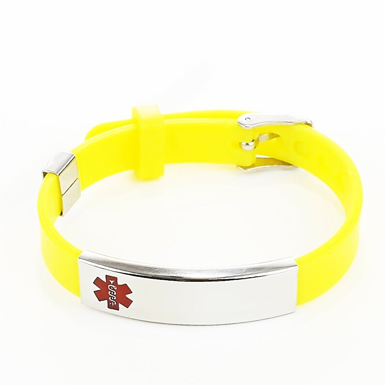 Med ID Rubber Bracelet ~ 316L Stainless Steel Personalized Engraved Name Information Medical Alert SOS Waterproof Silver Plate Red Enamel