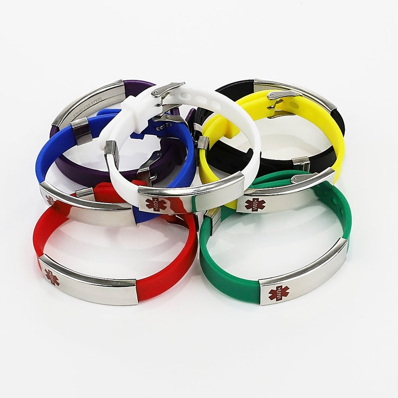 Med ID Rubber Bracelet ~ 316L Stainless Steel Personalized Engraved Name Information Medical Alert SOS Waterproof Silver Plate Red Enamel