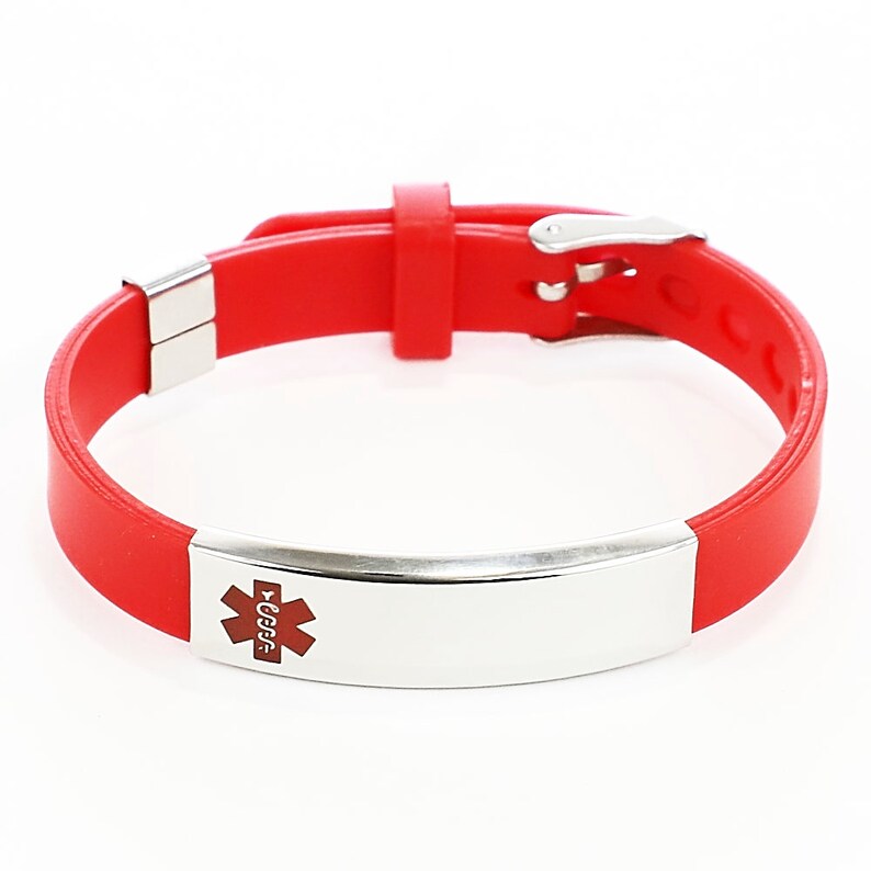 Med ID Rubber Bracelet ~ 316L Stainless Steel Personalized Engraved Name Information Medical Alert SOS Waterproof Silver Plate Red Enamel