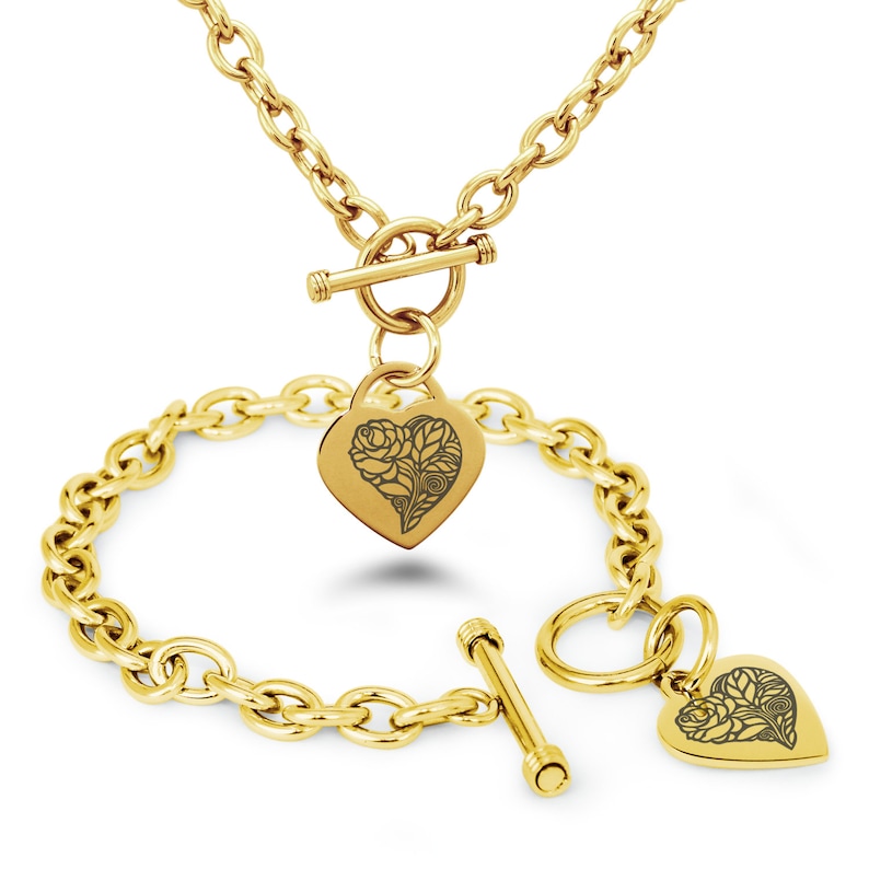 Bracelet /& Necklace Set Silver Gold Rose Gold Stainless Steel Love Heart Floral Rose Heart Charm