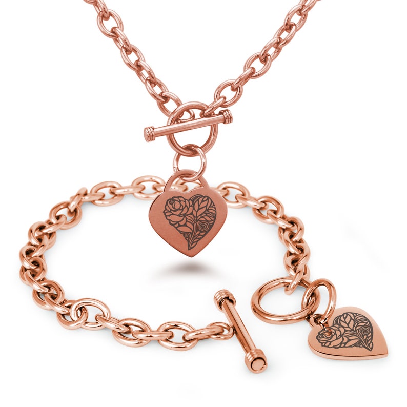 Bracelet /& Necklace Set Silver Gold Rose Gold Stainless Steel Love Heart Floral Rose Heart Charm