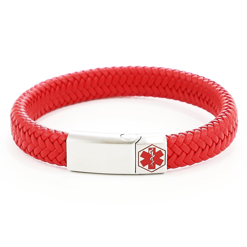 Medical Alert Leather Bracelet Free Custom Personalized Engraving Jewelry Emergency Contact SOS Medic ID Name Waterproof Unisex Red + Steel