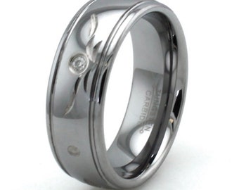 Personalized 7mm Diamond Ring | 0.03 CTW 3 Stone Tungsten Carbide Men's Minimalist Engagement Wedding Anniversary Beveled Band Engraving