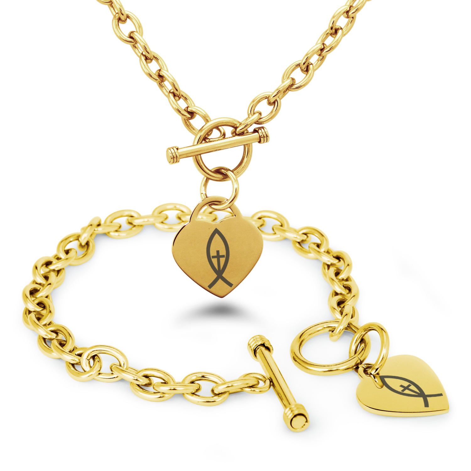 Stainless Steel Vertical Ichthus Cross Fish Symbol Heart Charm Toggle Bracelet /& Necklace Set Silver Rose Gold