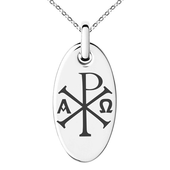 Stainless Steel Chi Rho Alpha Omega Symbol Engraved Small Oval Charm Pendant Necklace Silver Black Rose Gold - Chi Rho Pendant Gold Stainless Steel Chi Rho Alpha Omega Symbol Engraved Small Oval Charm Pendant Necklace Silver Black Rose Gold - Chi Rho Pendant Gold