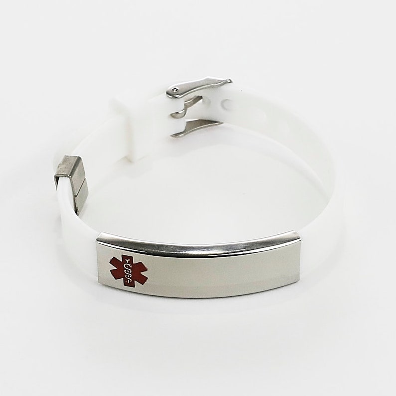 Med ID Rubber Bracelet ~ 316L Stainless Steel Personalized Engraved Name Information Medical Alert SOS Waterproof Silver Plate Red Enamel