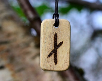 Nauthiz Elder Futhark rune wood burned necklace