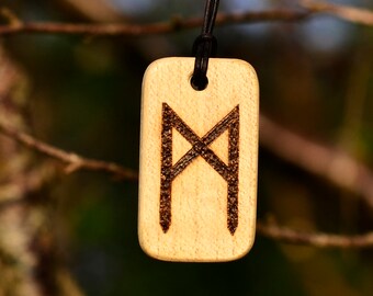 Mannaz Elder Futhark rune wood burned necklace
