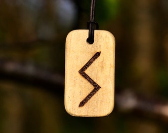 Sowelo Elder Futhark rune wood burned necklace