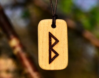 Berkano Elder Futhark rune wood burned necklace