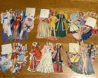 Sechs Sets Vintage Papierpuppen W / Kleidung & Accessoires Lot Bette Davids Carmen Miranda Sonja Henie +++