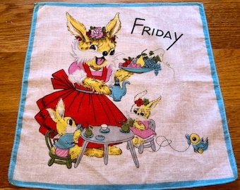 Vintage Childs Day Of The Week Hankie &quot;Friday&quot; Handkerchief Bunny Family
