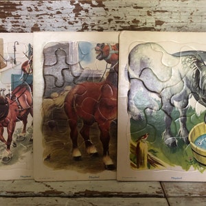 Three Vintage Playskool Cardboard Tray Puzzles Lot Horses