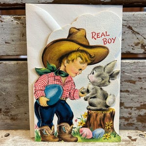 Vintage Hallmark Osterkarte Kleiner Junge Cowboy Hut Stiefel Niedlicher Hase