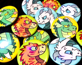May include: A collection of colourful cartoon dragon pins. The pins feature different dragon designs with various colours, including green, red, yellow, blue, and white. The pins are perfect for adding a touch of whimsy to bags, jackets, or other accessories.