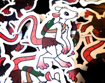 May include: A white rat with a pink nose and tail, wearing a brown loincloth and carrying a green bottle on its back. The rat is walking on all fours and has a friendly expression.