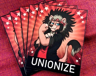 May include: Several rectangular cards with a cartoon lion flexing its arm, wearing a red bandana. The background is red with white stars and rays. The word "UNIONIZE" is printed in white on a black banner.