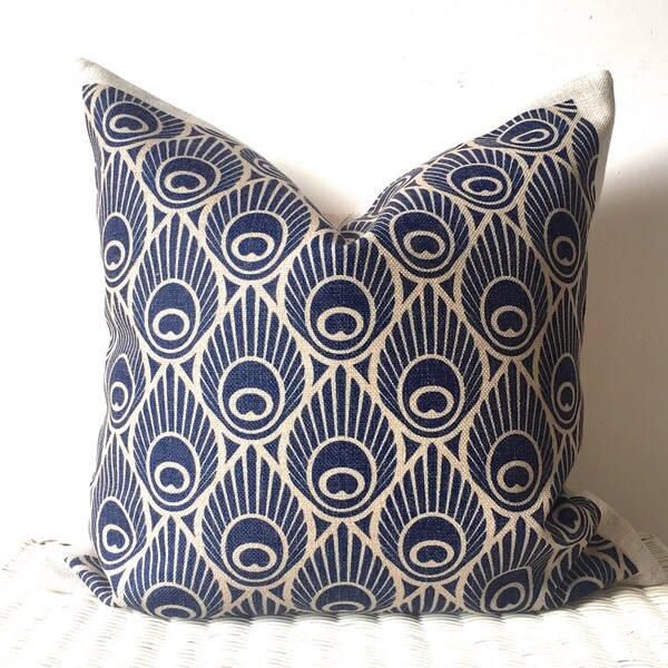 Navy Kissenhülle, Pfauenkissen, Navy Pfauenkissen, Art Deco Kissen, Marineblaues Kissen, Musterkissen, Marinekissen