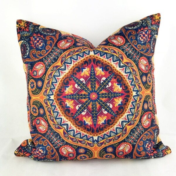 Bohemian cushion, hippie cushion, boho cushions, bohemian pillow, mandala cushion, boho throw pillow, blue and red cushion, aztec cushion