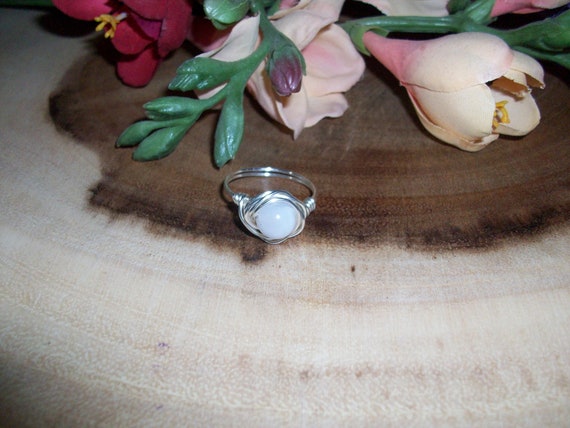 White Agate 8mm Silver Color Wire Wrapped Ring Size 8 1/2