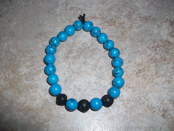 Blue Howlite and Black Lava Stone 8mm Gemstone Stretch Diffuser Bracelet