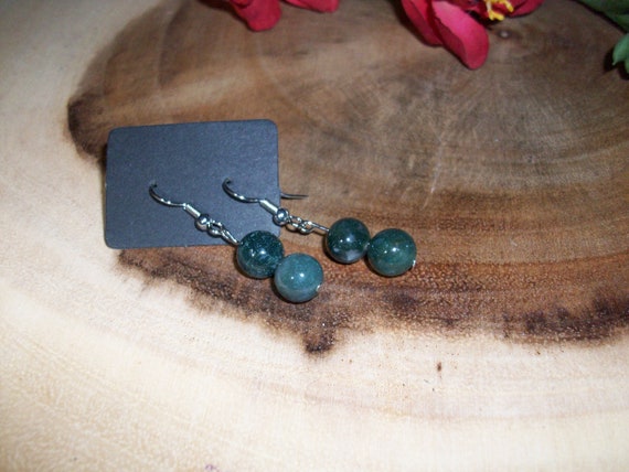 Moss Agate Stainless Steel 8mm Gemstone Hook Earrings