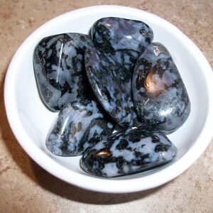 May include: A white bowl filled with six smooth, polished, black and white speckled stones. The stones have a mottled, marbled appearance.