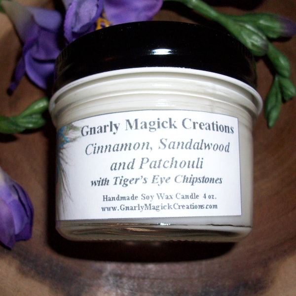 Handmade Cinnamon, Sandalwood and Patchouli with Tiger's Eye Chipstones 4 oz Jar Candle