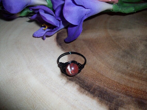 Brecciated Jasper 8mm Black Color Copper Wire Wrapped Ring Size 9