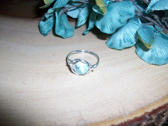 Larimar Silver Color Copper Wire Wrapped Ring Size 9