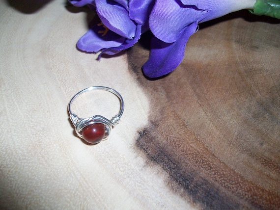 Fire Agate 8mm Silver Color Copper Wire Wrapped Ring