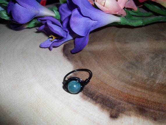 Moss Agate 8mm Black Color Copper Wire Wrapped Ring Size 8