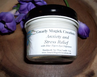 Discontinued Handmade Anxiety and Stress Relief with Blue Tiger's Eye Chipstones 4 oz Jar Candle