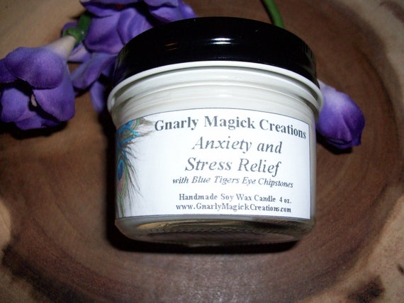Handmade Anxiety and Stress Relief with Blue Tiger's Eye Chipstones 4 oz Jar Candle