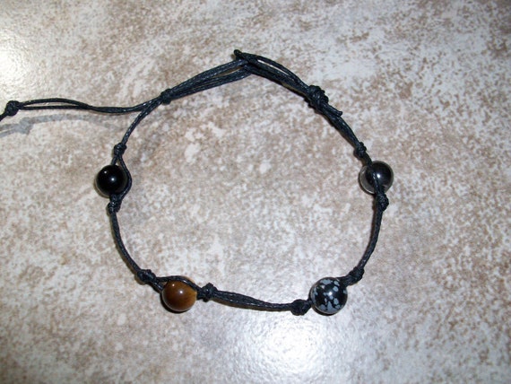 Protection Stackable Knotted Bracelet ~ Hematite, Snowflake Obsidian, Tiger's Eye and Rainbow Obsidian