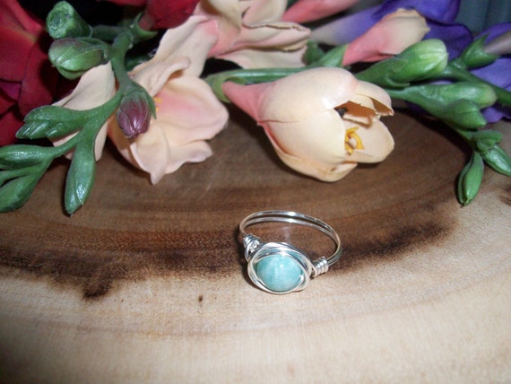Amazonite 8mm Silver Color Copper Wire Wrapped Ring Size 9