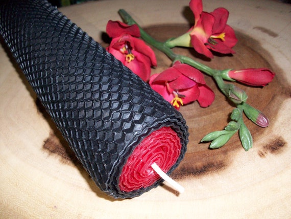 Handmade Black and Red Beeswax 8 inch Pillar Candle