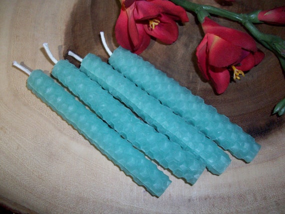 Handmade Aquamarine Beeswax Set Of Four Chime Spell Candles