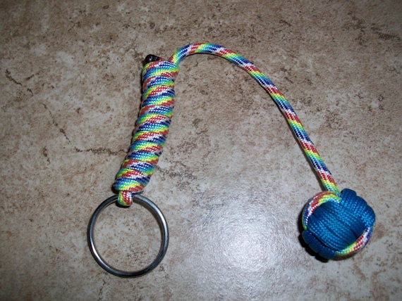 Blue and Rainbow Colored Paracord Monkey Fist Keychain