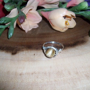 May include: A silver wire wrapped ring with a round, brown and gold tiger's eye stone.