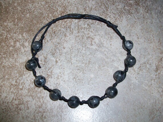 Blue Pearl Moonstone Larvikite Stackable Knotted Gemstone Bracelet